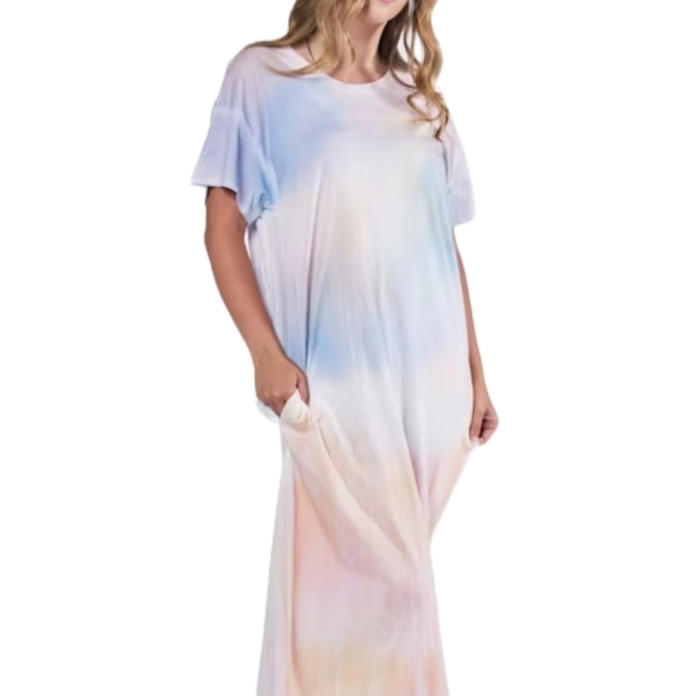 Spirit Jersey Tie-Dye Maxi Dress with Pockets Women's S  Pastel Multicolor